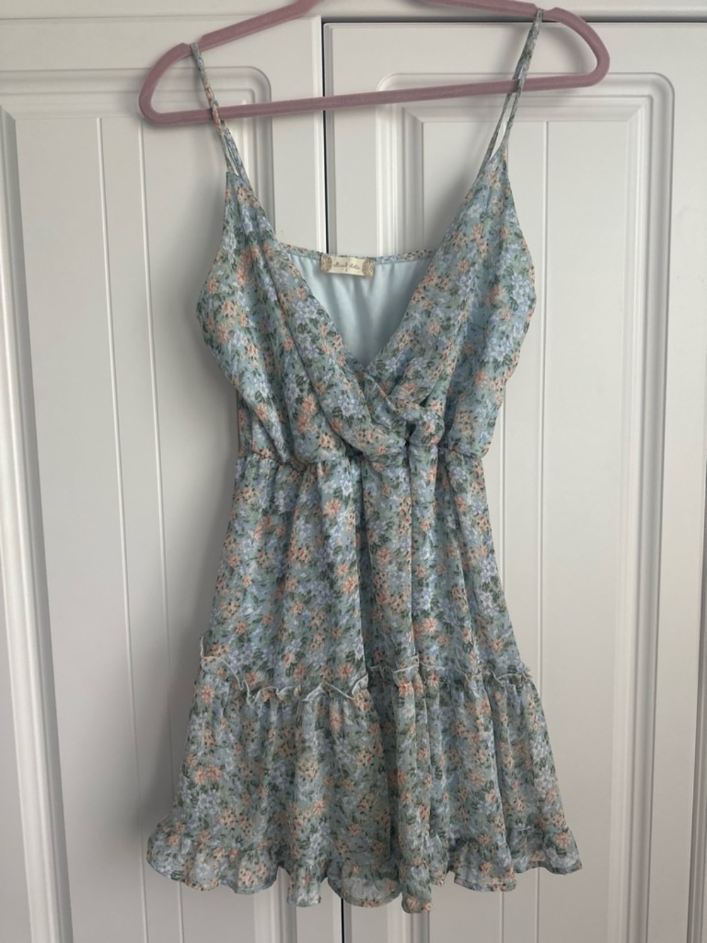 Altar'd State Blue Floral Mini Dress with Ruffle Details and Peach Accents